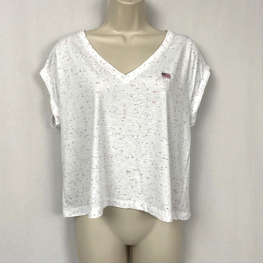 Travis Mathew Top Womens Large White Speckle USA Flag Patriotic Enchantment Tee